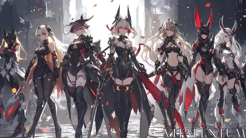 Cybernetic Valkyrie squad in symmetrical urban anime tableau.