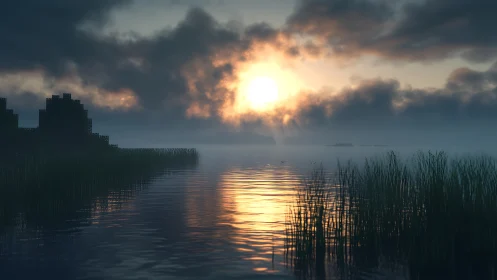 Foggy lakeside sunrise with reeds and rippling water.