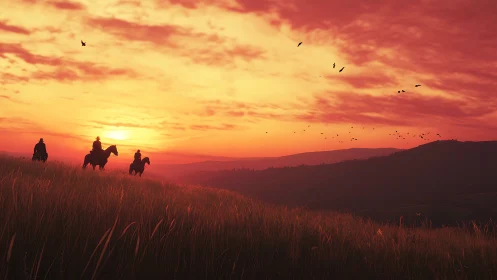 Riders traverse sunlit grassland under saturated red-orange sunset
