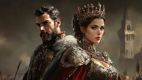 Regal royal couple in jeweled coronation attire before fortress