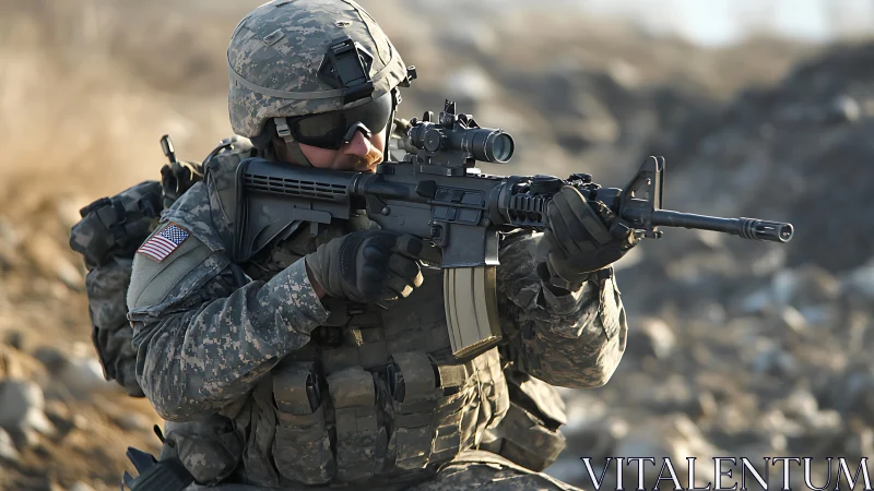 Modern infantry soldier aiming carbine rifle in rocky terrain