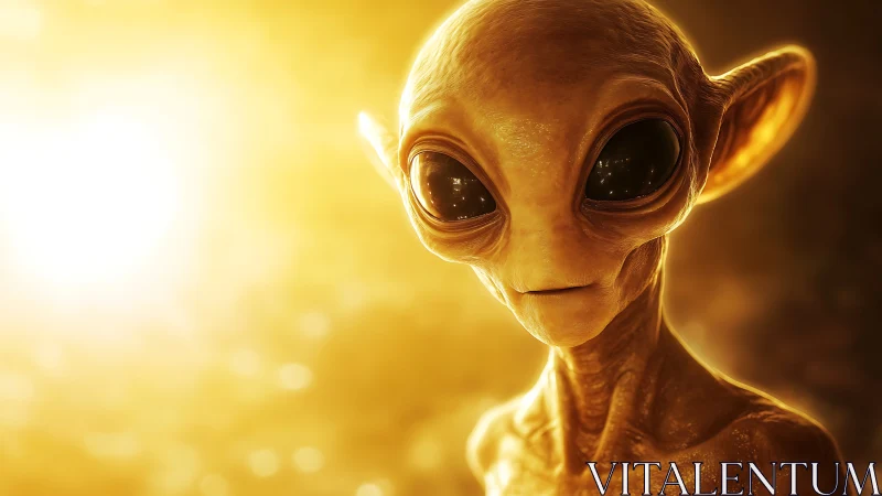 Gentle golden alien gazes into warm, radiant starlight