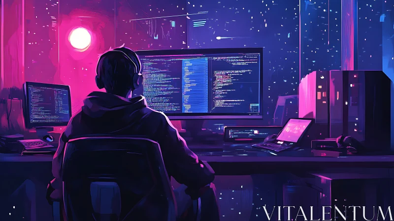 Cyberpunk workstation with neon coder under violet skyline.