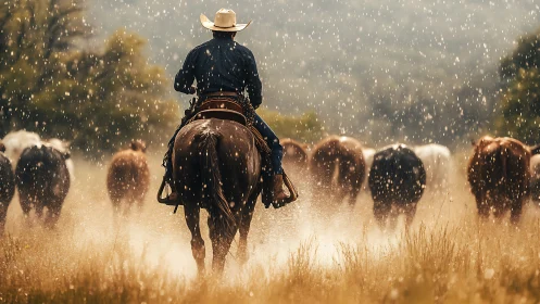 Lone cowboy guides cattle through golden rain-soaked pasture