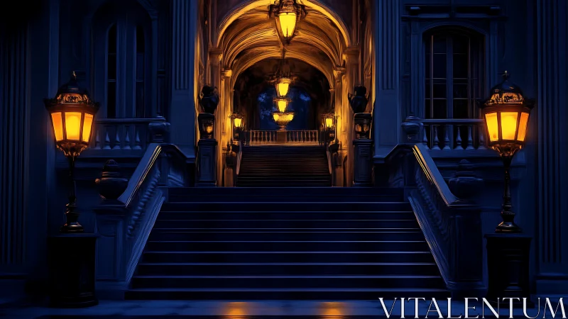 Grand staircase glows under warm lantern light at night.