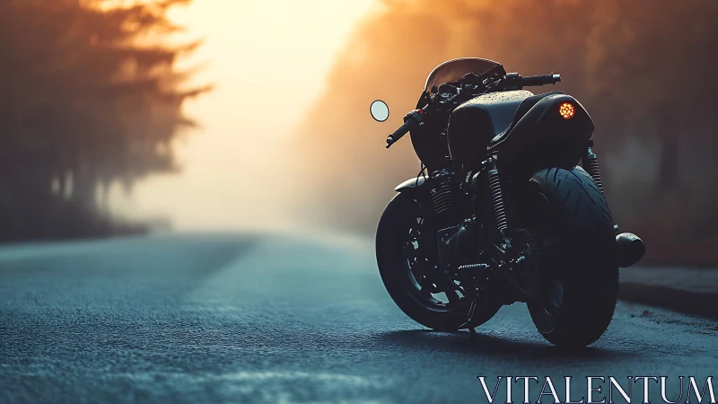 Custom cafe racer motorcycle on misty forest road at sunrise