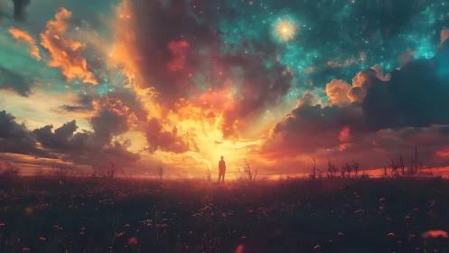 Stargazer standing at a wildfire sunset doorway to galaxies.