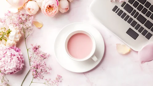 Pink beverage, laptop keyboard and flowers on pale desk.