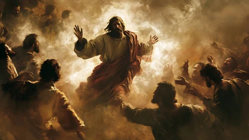 Radiant central figure ascends amid disciples in luminous haze