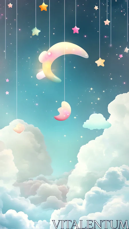 Soft pastel moon and stars drifting in a dreamy sky.