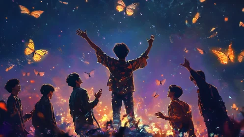 Luminescent youth ensemble beneath migratory aurora of butterflies.