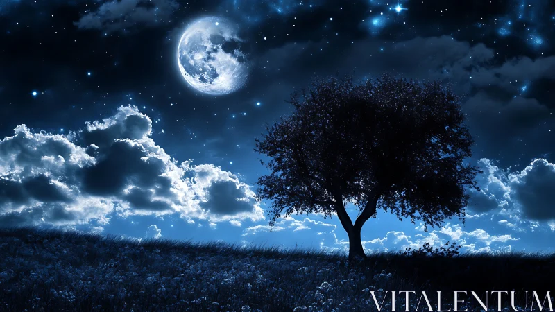 Lone tree silhouettes under bright moonlit star field