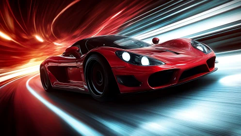 Aerodynamic red supercar under motion-blur light tunnel acceleration