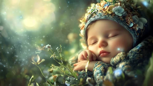 Forest-cradled fairy baby dreaming beneath soft green starlight.