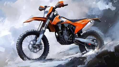 Orange dirt bike charging through dynamic painted snowstorm.