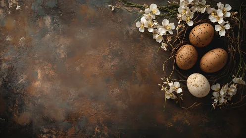 Speckled eggs in nest with white blossoms on rustic table.