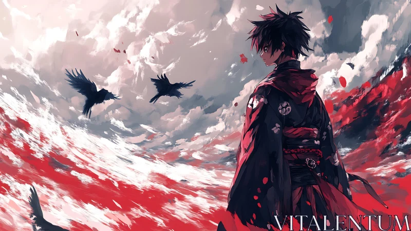Storm-lit wanderer in crimson kimono and circling crows.
