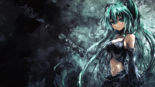 Teal haired warrior girl dominates stormy abstract void