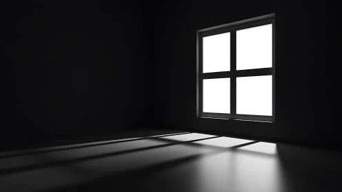 Rectangular window projects hard-edged shadows into dark room