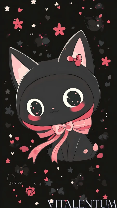 Kawaii black cat portrait with pink bow and stars.