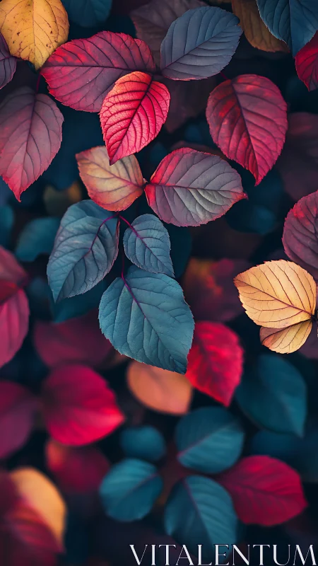 Colorful leaves display vivid red, blue, and yellow tones