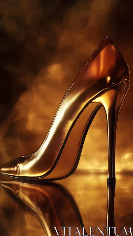 Specular gold stiletto heel rendered with high-gloss reflections