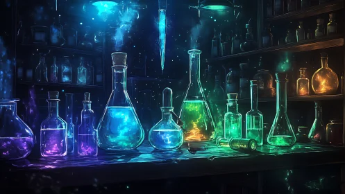 Laboratory glassware displays luminous colored liquids on bench