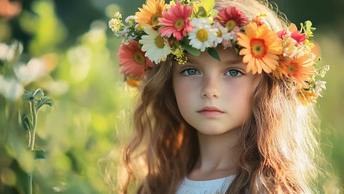 Summer meadow portrait of girl with vibrant flower crown.