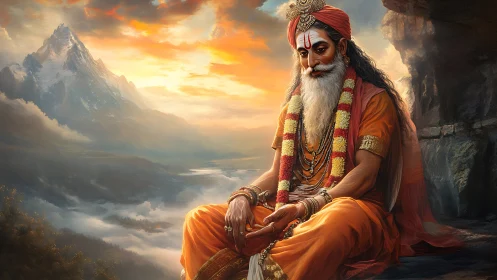 Seated Hindu ascetic in orange robes before mountain landscape.