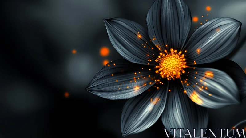 Digital macro bloom with dark petals and orange core.