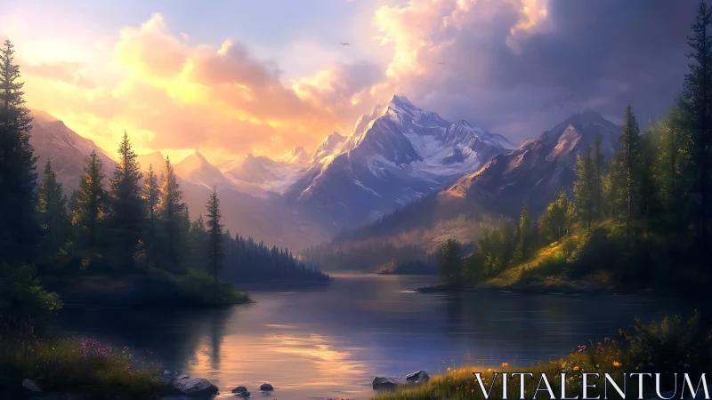 Radiant alpine lake under volumetric sunset cloudfield rendering.