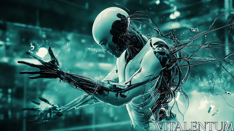 Neon-torn android reaching through a storm of flying circuits.