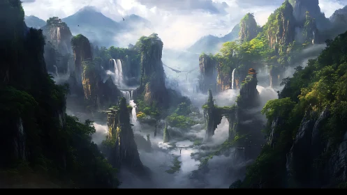 Mist-draped sky pillars cradle a hidden waterfall kingdom