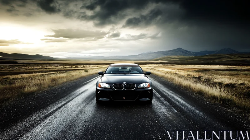 Black sports sedan slices wet rural highway under storm.