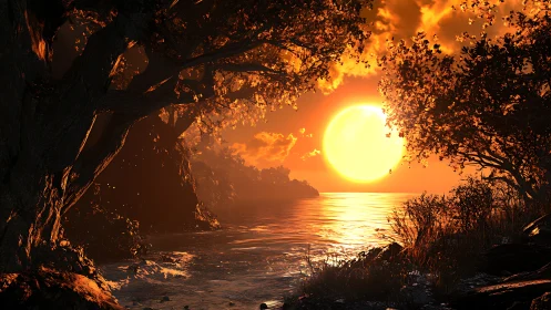 Blazing coastal sunset bathes rugged shoreline in molten gold