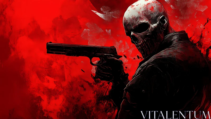 Skull-masked gunman in crimson abstract combat field.