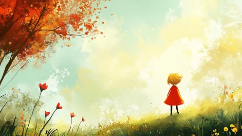 Child in red dress on sunlit meadow under vivid autumn tree