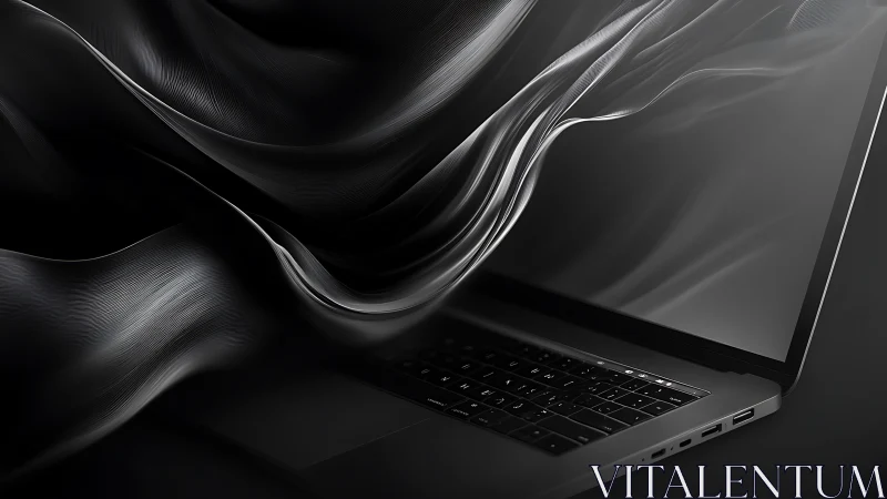 Monochrome laptop with flowing metallic fabric overlayed composition.