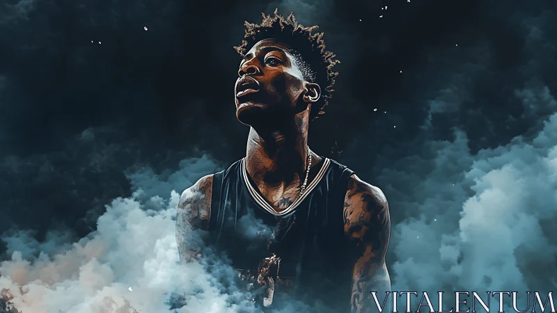 Basketball player portrait rising through dramatic clouds.