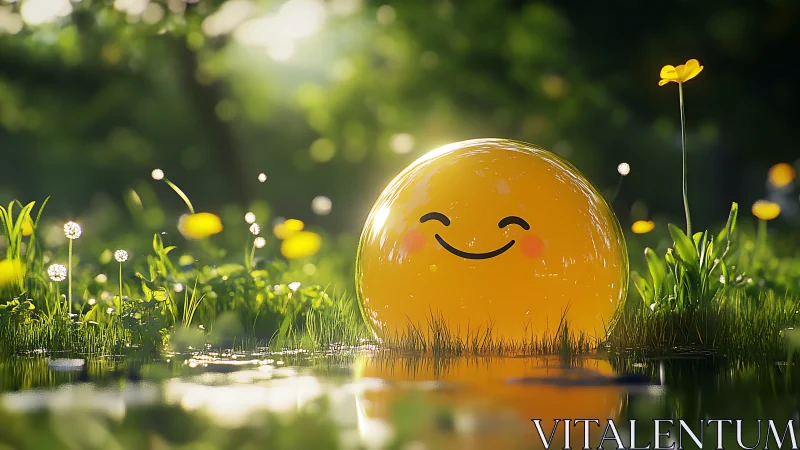 Sunny smiley bubble resting in a glowing summer meadow.