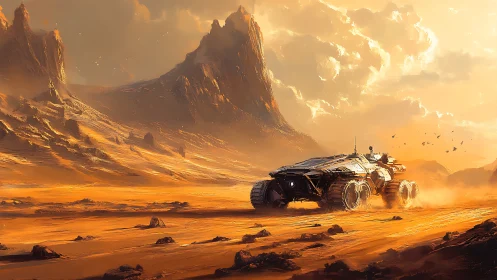 Futuristic rover crossing blazing alien desert canyon.