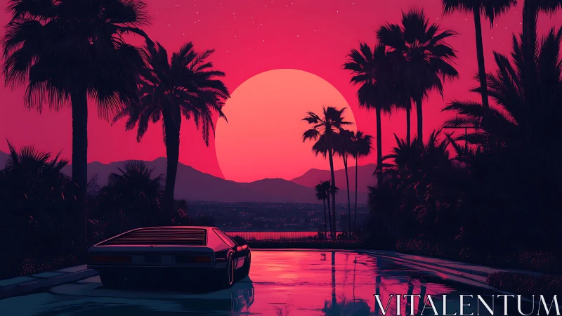 Retro sports car overlooks neon sunset poolside city panorama