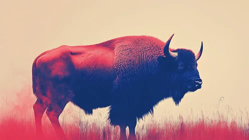 Gentle bison draped in neon twilight across open grassland.