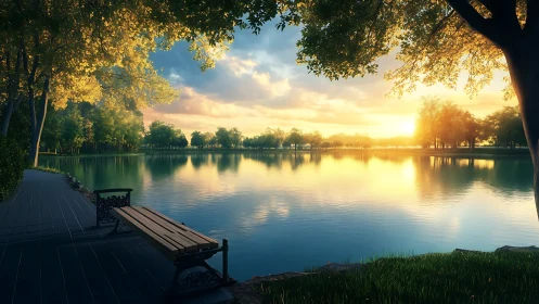 Lakeside bench faces reflective water at bright sunset