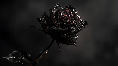 Midnight dew on a noir rose in cinematic shadow bloom.