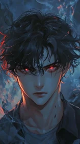 Brooding fire‑eyed hero wrapped in midnight blue glow.