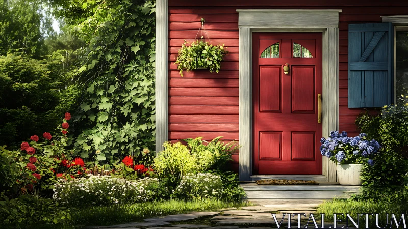 Red cottage entry with lush garden foliage and summer light.