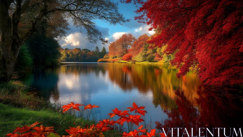 Lakeside autumn glow with vivid trees and gentle reflections.
