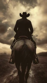 Silhouetted rider on horseback moves forward under cloudy sky