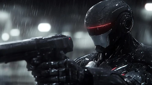 Armored cybernetic enforcer levels pistol under driving rain.